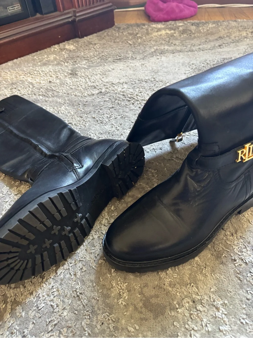 Everly Black Tall Leather Boots with Gold RL Accent